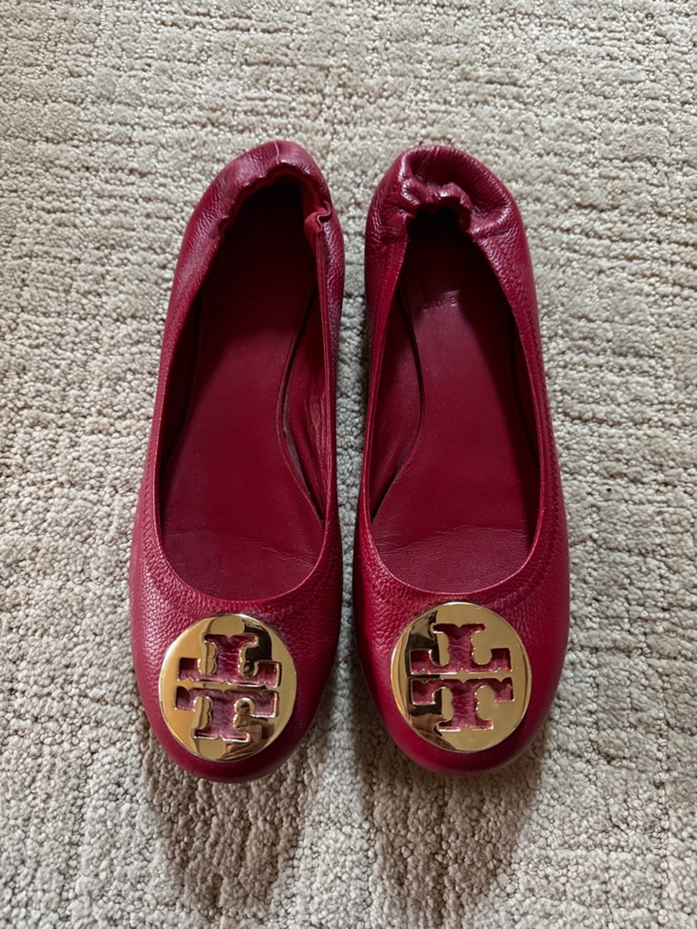 Tory Burch Burgundy Leather Logo Round-Toe Ballet Flats